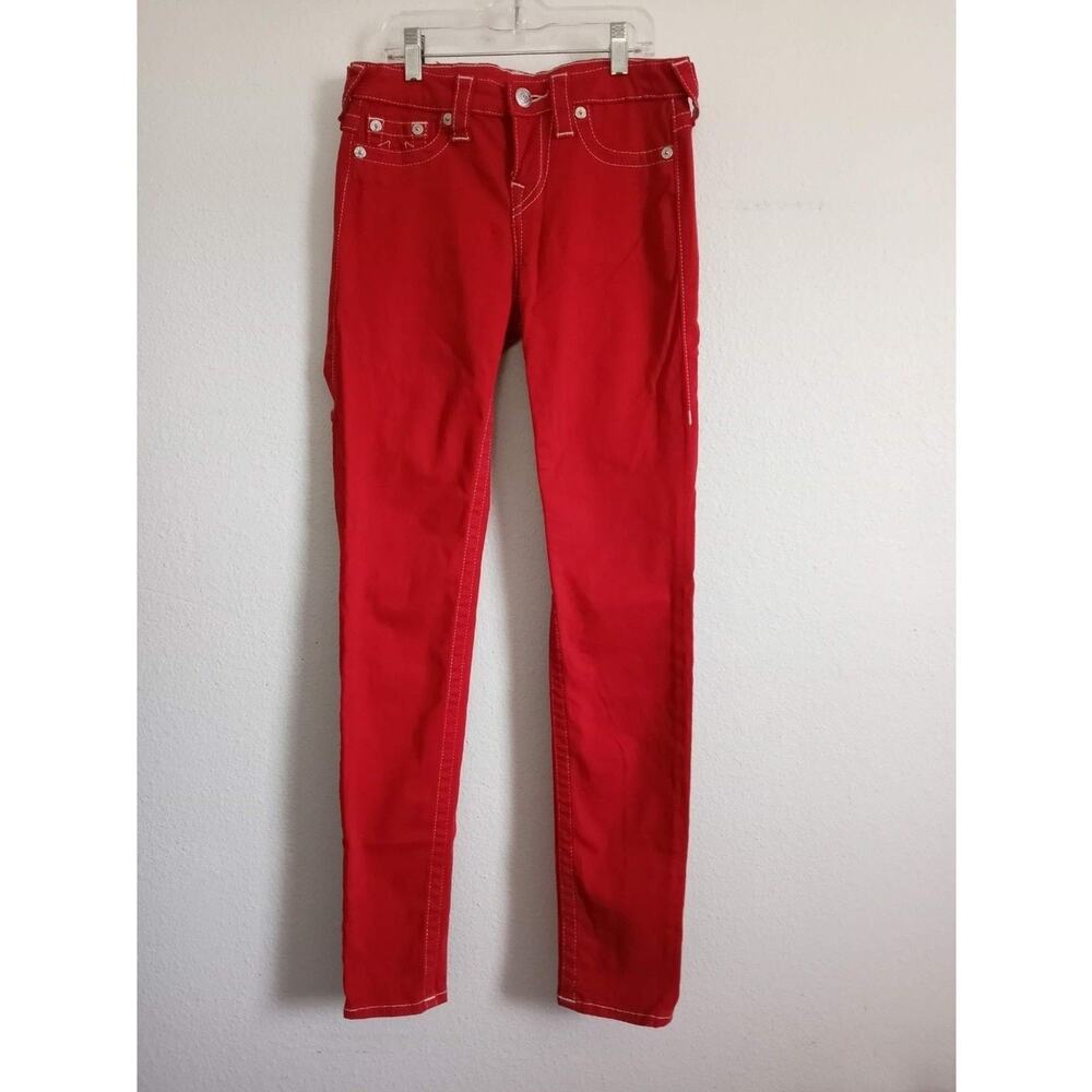 TRUE RELIGION Red Jeans SZ 26 Stretchy Super Skinny Low White Stitch 5 Pocket